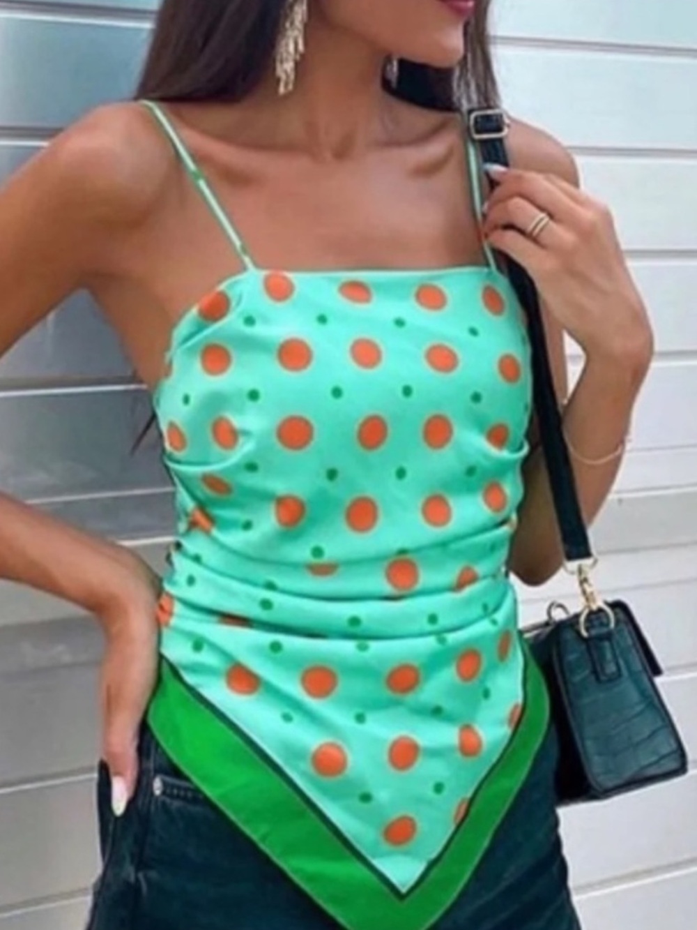 Polkadot Satin Scarf Cami Top - Mint Green & Orange